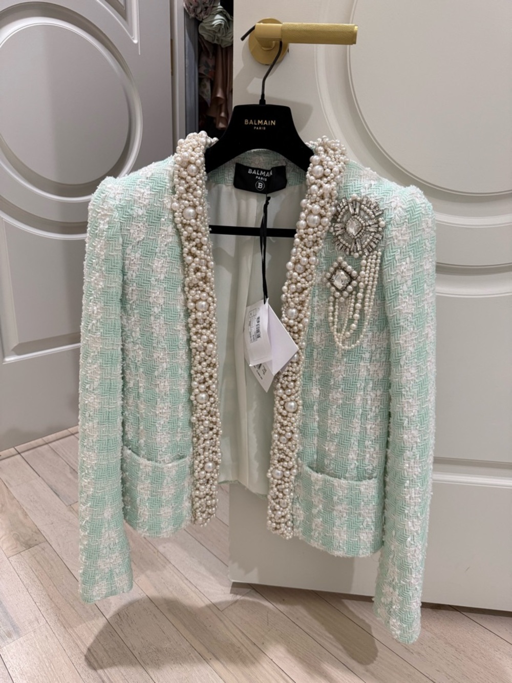 Balmain Mint Green Pearl-Trim Tweed Blazer